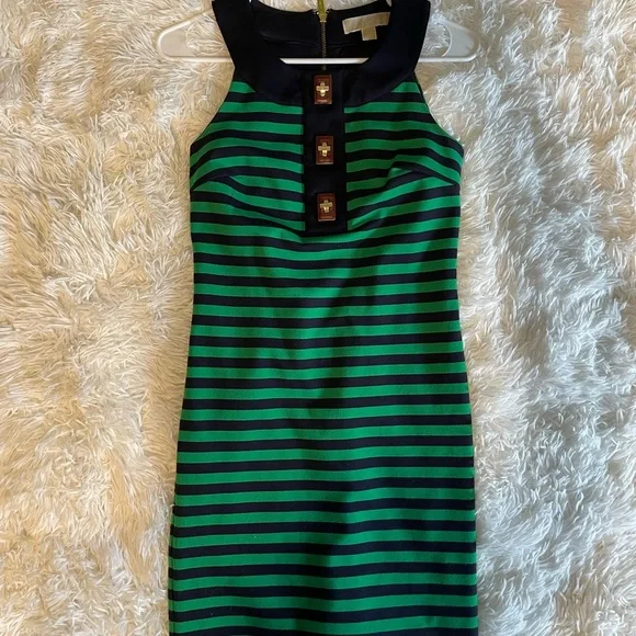 navy and green striped dress SPRING IN YOUR STEP STRIPE MIDI DRESS main image 1